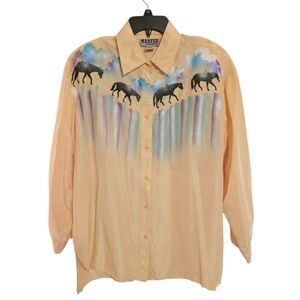 Vintage Wanted by Beads Silk Button Down Shirt Size Large Equestrian Rodeo Shiny
